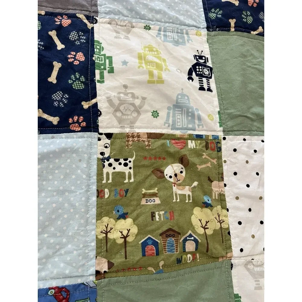 Handmade Unisex Cotton Quilted Blanket Blue Graham Dog Robots Cars Very Soft Kid